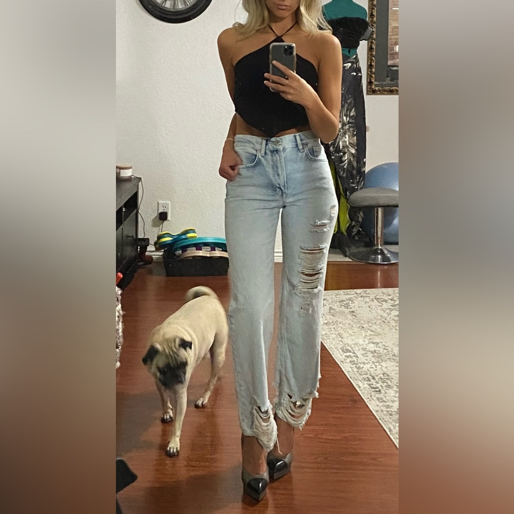 Free People Distressed Light Blue Jeans  — Straight-Wide Leg